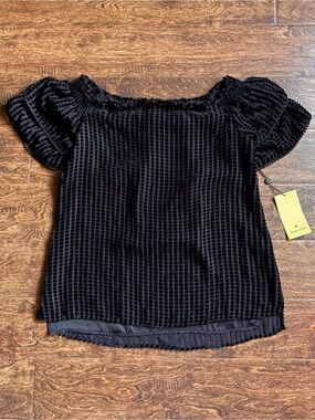 NWT Trina Turk Burnout Velvet Grid Blouse Silk Blend Flutter Black XS MSRP $298